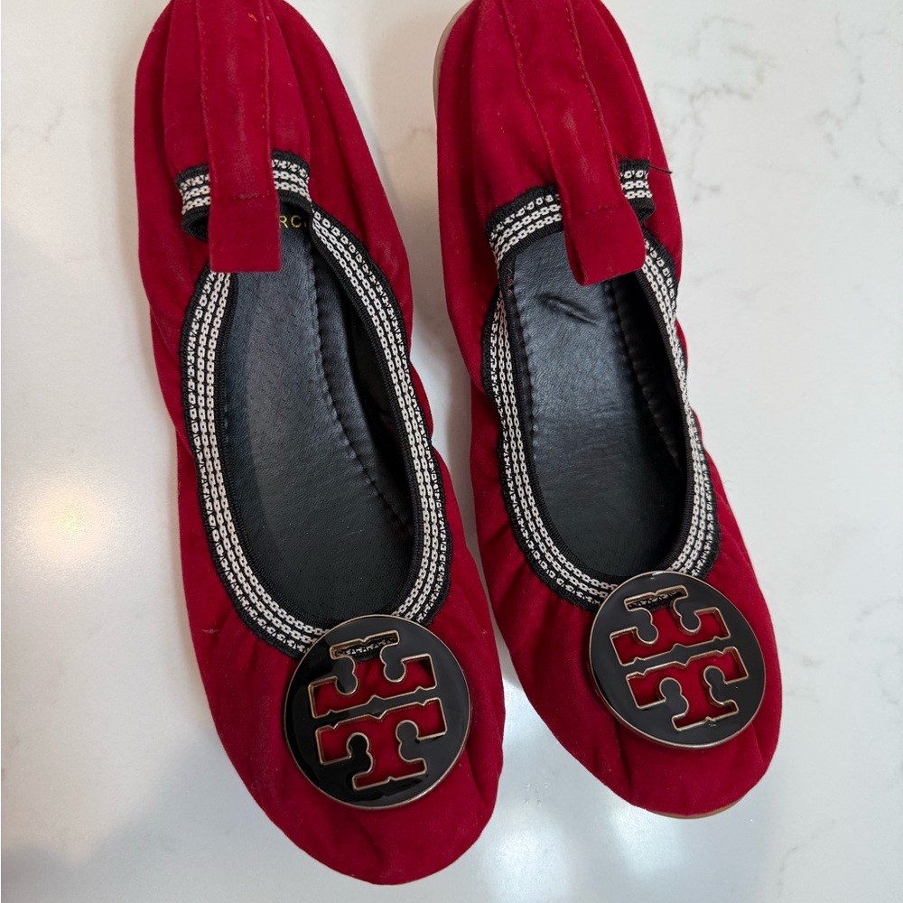 Tory Burch Red suede Flats with gold color black Accents